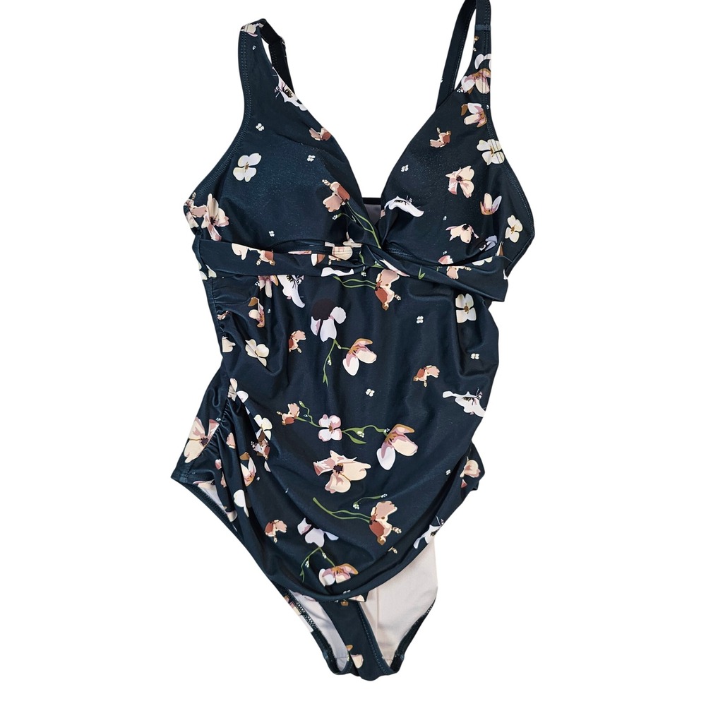 Floral Twist Front Ruched One Piece Swimsuit Navy Pink V-Neck Bathing Suit